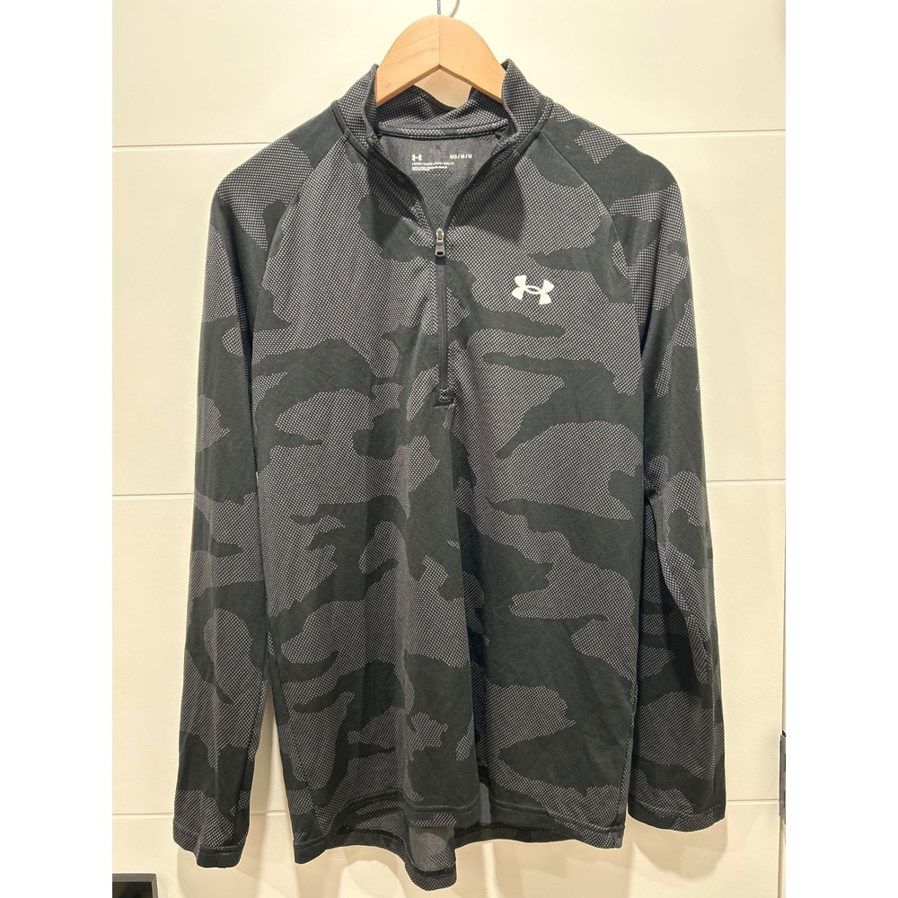 Under Armour Mens Camo Quarter Zip Pullover Gray Black Loose Fit Mock Neck MD